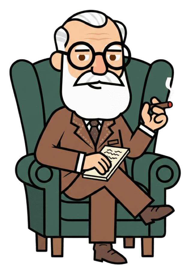 Sigmund, a cartoon Freud with a notepad and cigar, seated in a green armchair.
