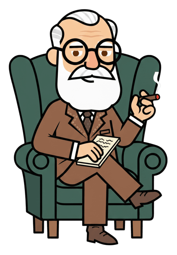 Cartoon Sigmund Freud seated in a sage-green leather armchair in a Victorian consulting room